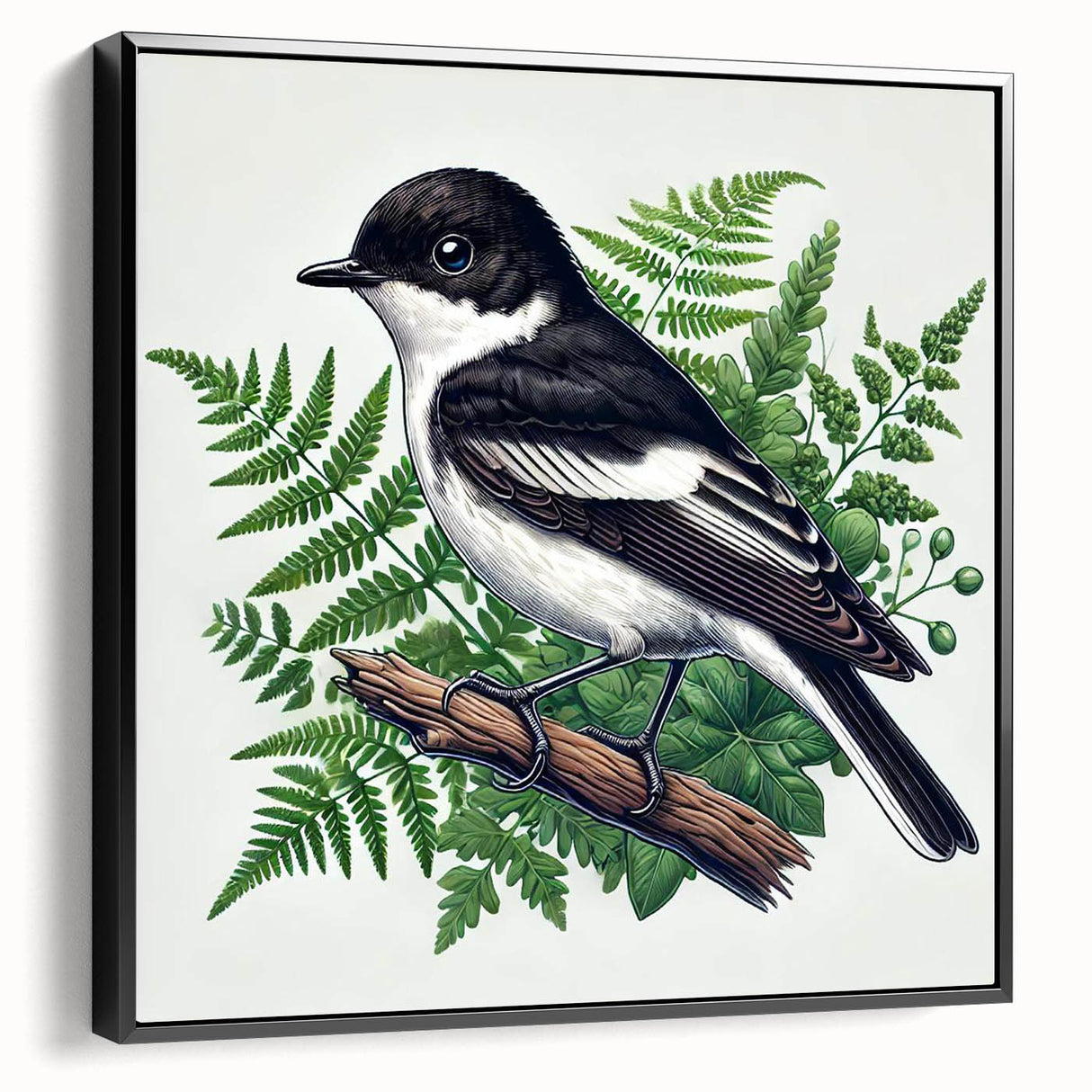 Framed canvas wall art featuring a vibrant design of garden birds in various colors, displayed from a black side view, ideal for enhancing home decor.
