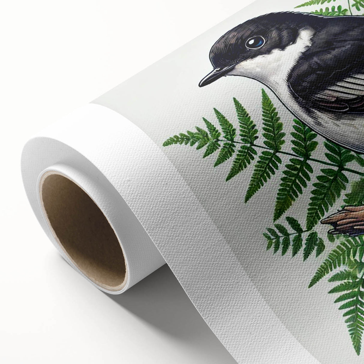 Colorful rolled canvas artwork showcasing a vibrant collection of garden birds in a whimsical design, perfect for home decor. Ideal for bird lovers and nature enthusiasts.