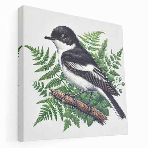Stretched canvas artwork showcasing a vibrant garden birds design in colorful hues, framed in a wooden border, perfect for enhancing home decor with nature themes.