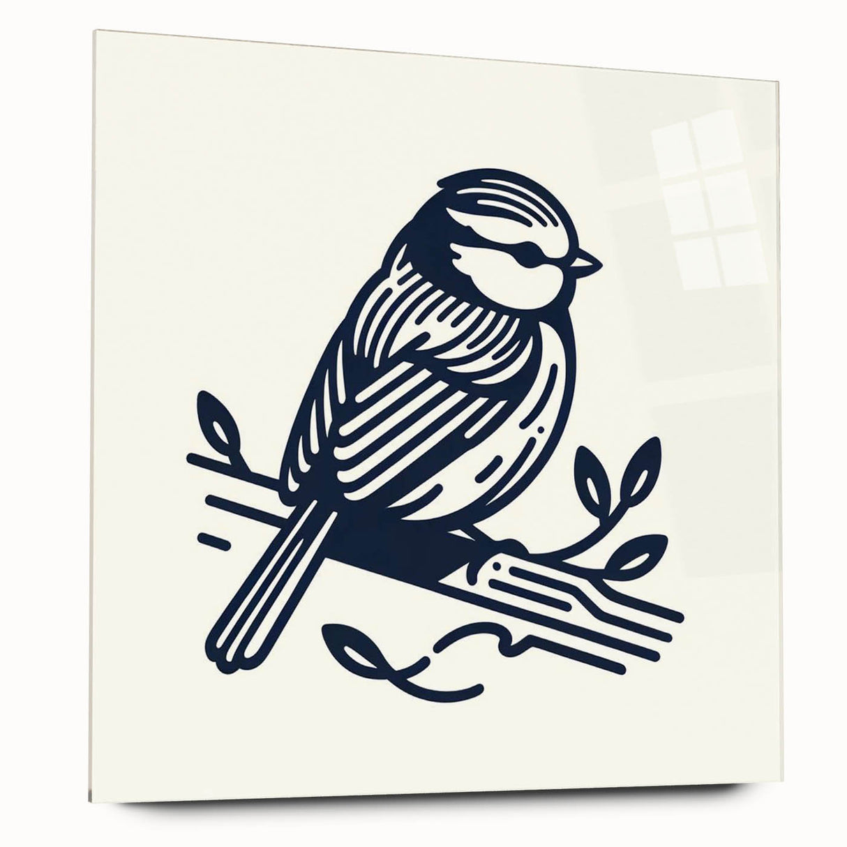 Side view of a vibrant wall art collection featuring various garden birds, printed on acrylic glass, showcasing intricate details and bright colors, perfect for home decor.
