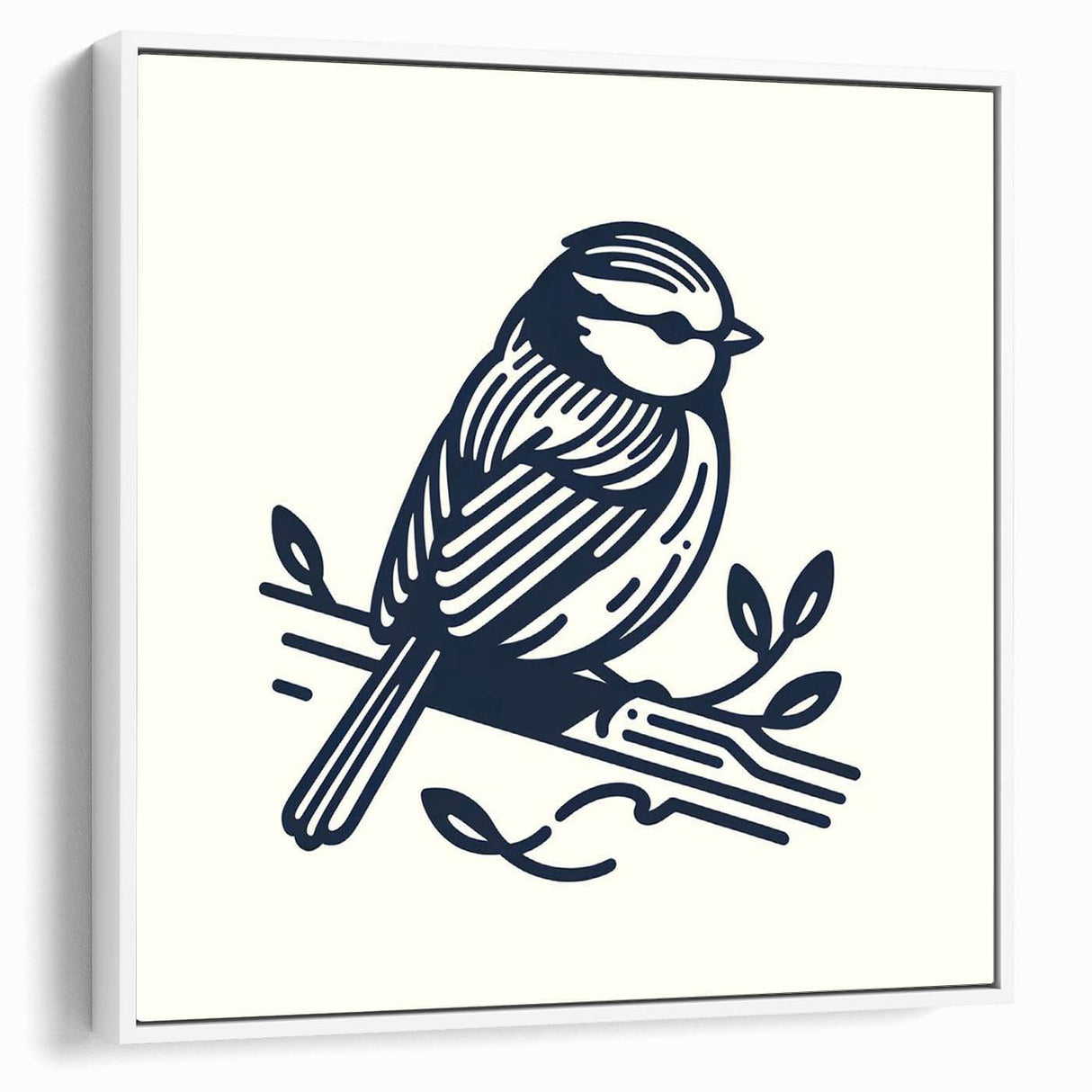 Framed wall art featuring a vibrant design of various garden birds perched on branches, displayed in a sleek white frame, enhancing home decor with nature-inspired elegance. Perfect for bird lovers and nature enthusiasts.