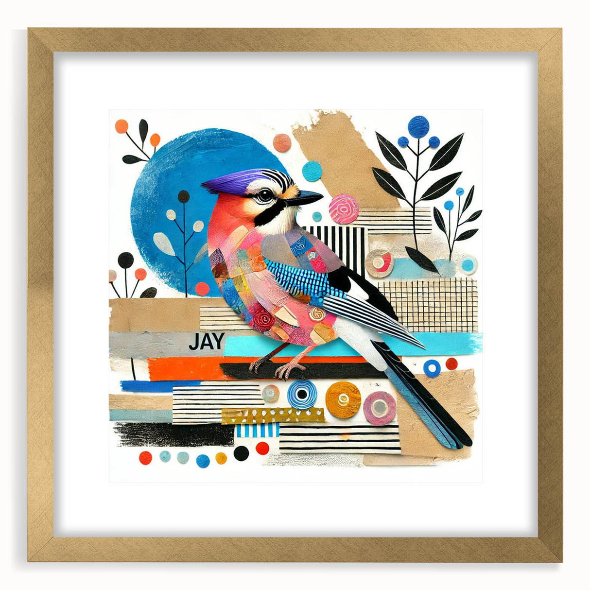 Elegant gold-framed wall art showcasing a vibrant collection of garden birds, perfect for home decor. Features intricate details and a stylish mat for added depth.