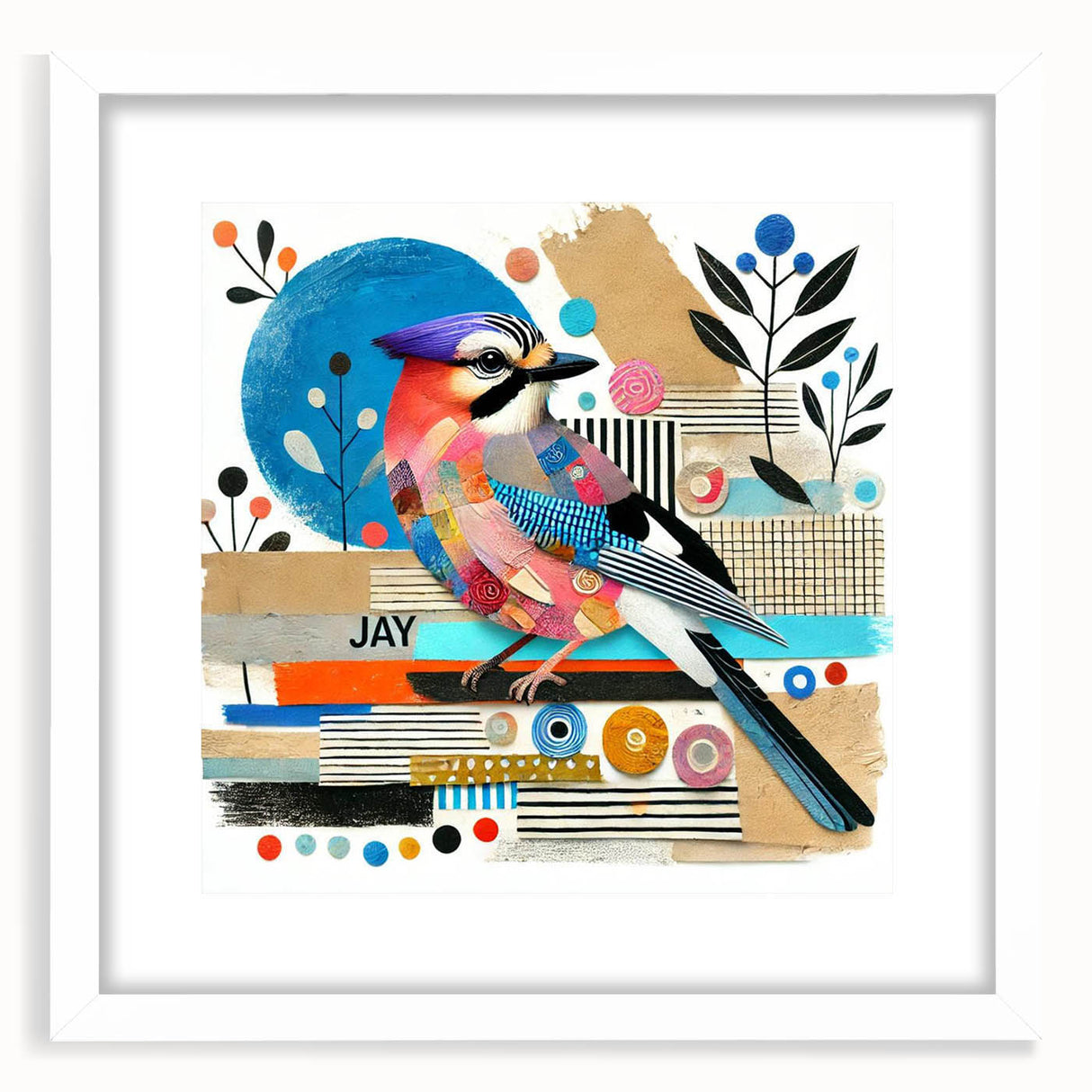 Framed wall art featuring a colorful collection of garden birds, set in a white mat and frame, ideal for nature-themed home decor and bird enthusiasts.