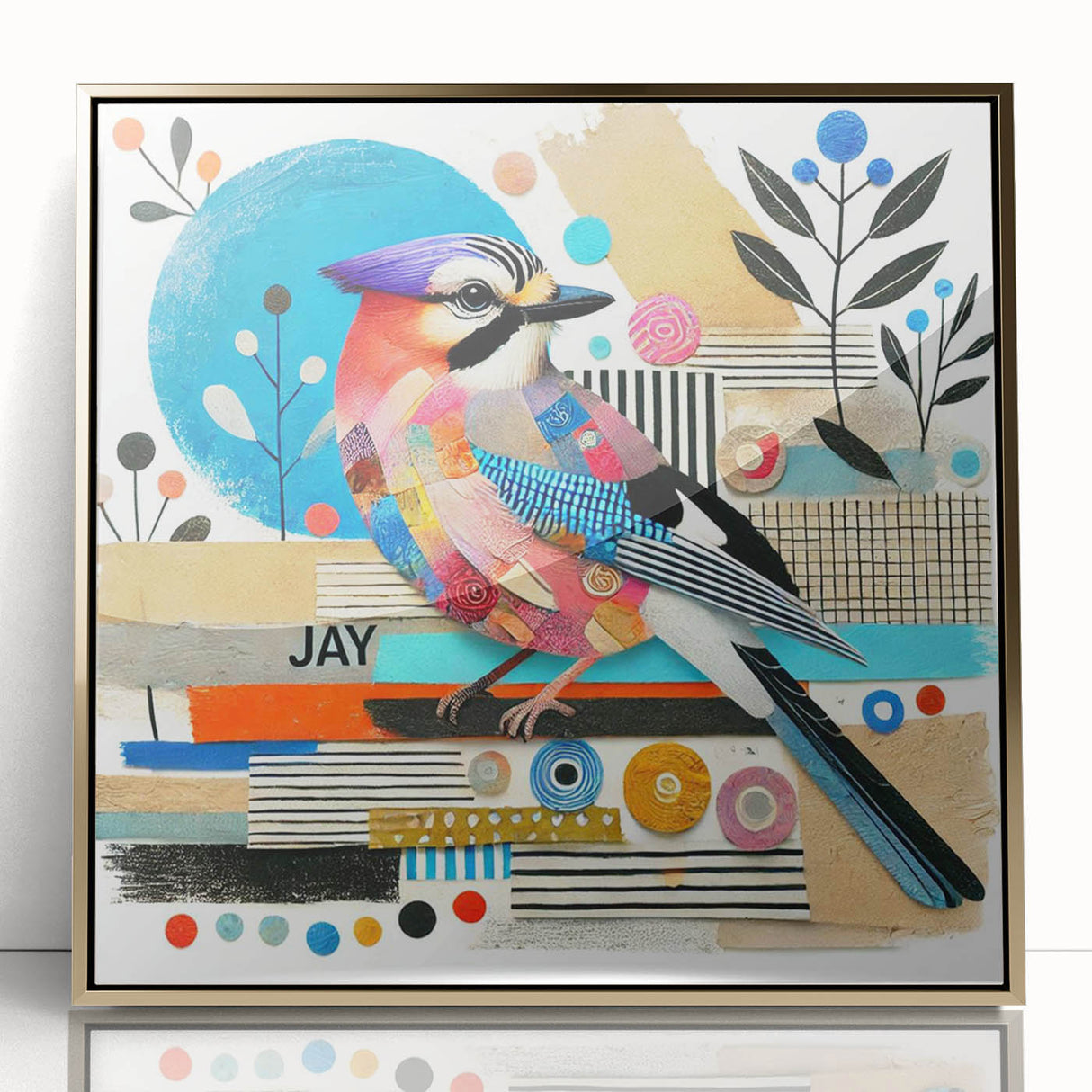 Framed wall art featuring a vibrant garden birds design, showcasing colorful avian illustrations with a gold-acrylic finish, ideal for home decor.