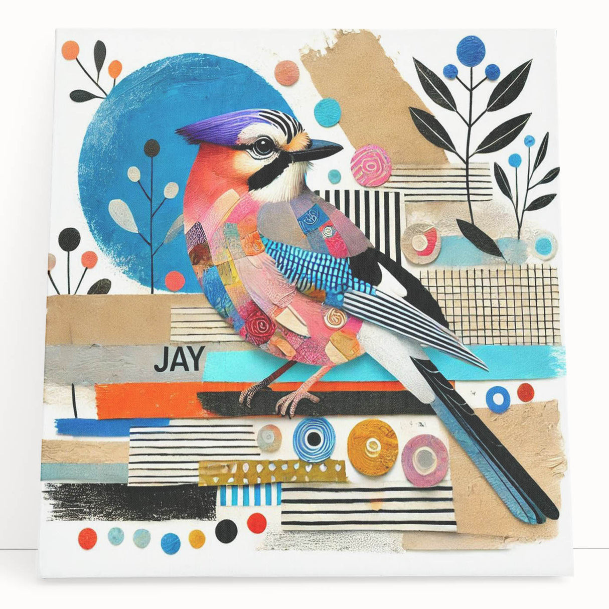 Stretched canvas wall art featuring a vibrant garden scene with various colorful birds perched on lush greenery, perfect for home decor and nature lovers.