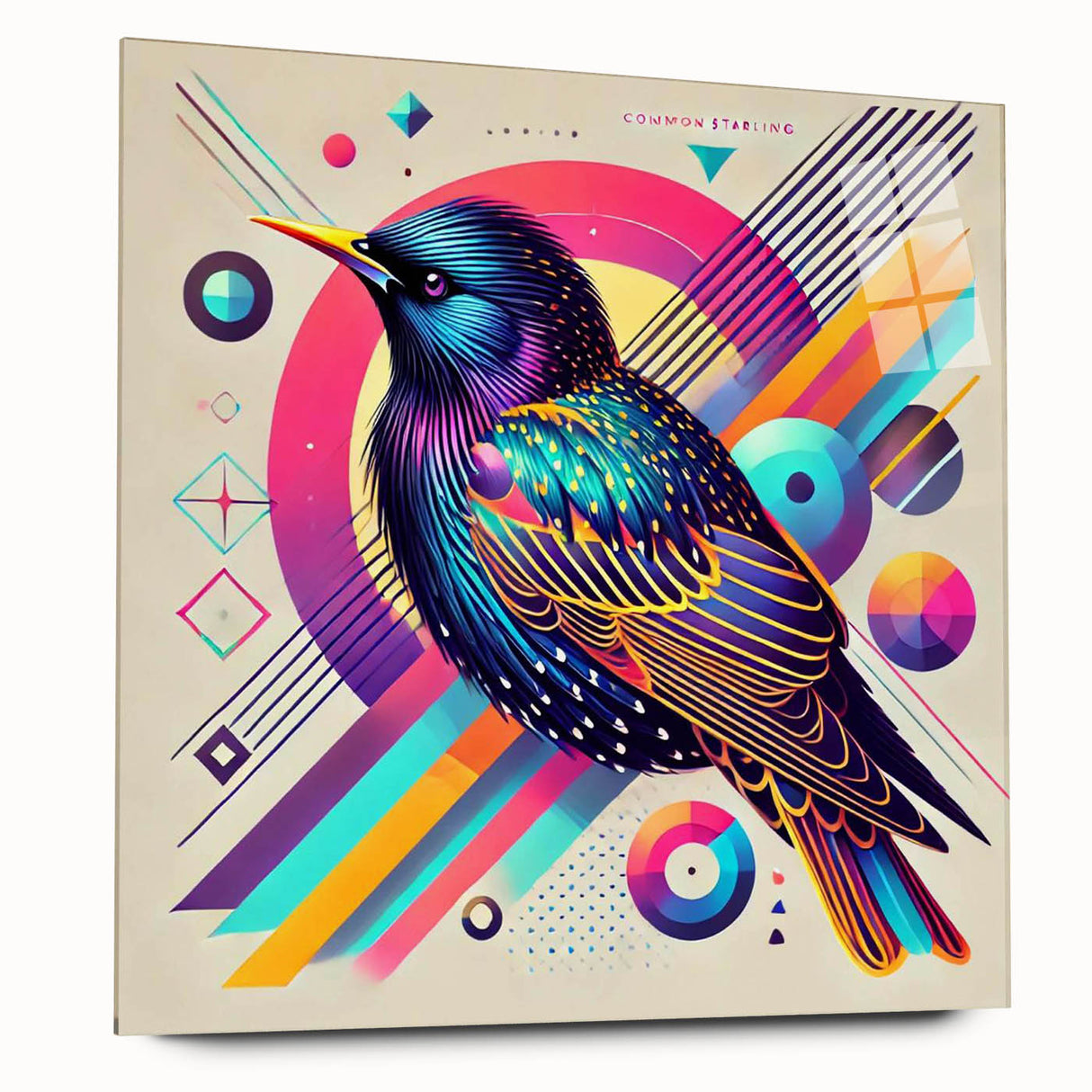 Acrylic glass wall art collection showcasing a vibrant garden birds design in a side view. The artwork features colorful birds perched among lush greenery, enhancing any space with nature-inspired decor. Perfect for bird lovers and modern home aesthetics.