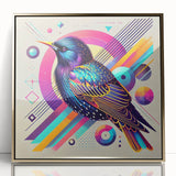 Framed wall art featuring a vibrant garden birds design with colorful illustrations of various bird species in a gold-accented frame, ideal for nature lovers and home decor.