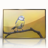 Framed wall art featuring a vibrant garden birds design in acrylic, highlighted with a gold frame, showcasing colorful birds among lush foliage for a lively decor accent.