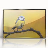 Framed wall art design featuring colorful garden birds in a lush setting, accented with a silver frame, perfect for home decor and nature enthusiasts.