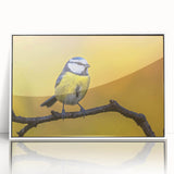 Framed wall art showcasing a colorful garden birds design on acrylic, featuring vibrant hues of blue, green, and yellow, perfect for enhancing home decor.