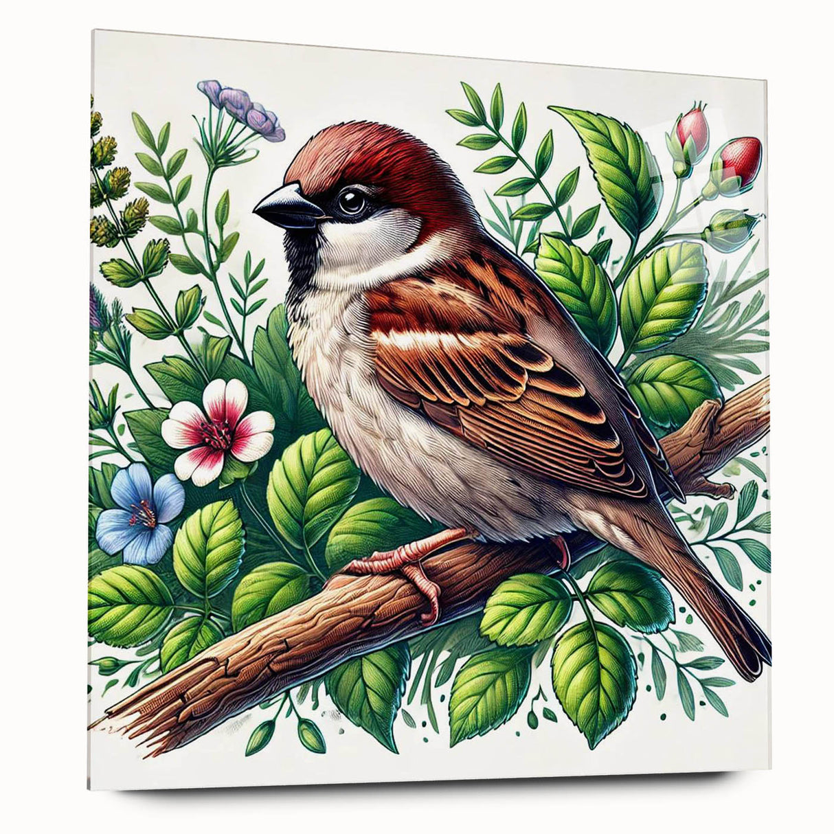 Colorful acrylic glass wall art featuring a collection of garden birds, displayed from a side view, showcasing intricate designs and vibrant hues. Ideal for enhancing home decor with a nature-inspired theme.
