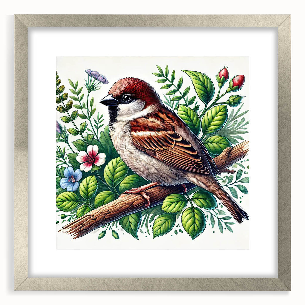 Framed wall art collection featuring a vibrant garden birds design in silver frame, showcasing detailed illustrations of various birds, ideal for home decor.