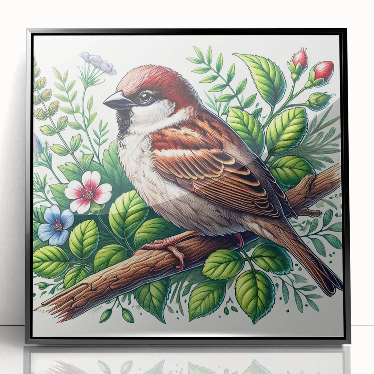 Framed wall art featuring a vibrant garden birds design with a black frame, showcasing colorful birds in a natural setting, perfect for home decor enthusiasts.