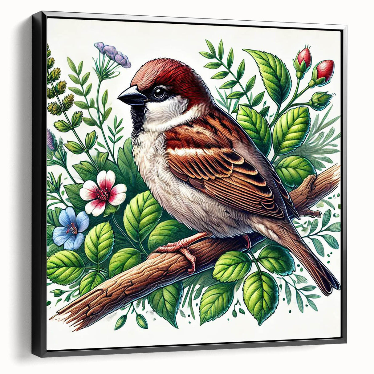 Framed wall art featuring a vibrant garden birds design with a black frame, showcasing colorful birds perched among lush greenery, ideal for home decor enthusiasts.