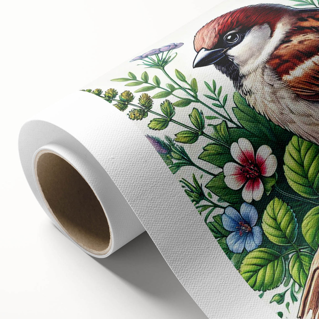 Rolled canvas artwork showcasing a vibrant garden bird design, featuring colorful illustrations of various bird species on a textured surface, ideal for home decor.