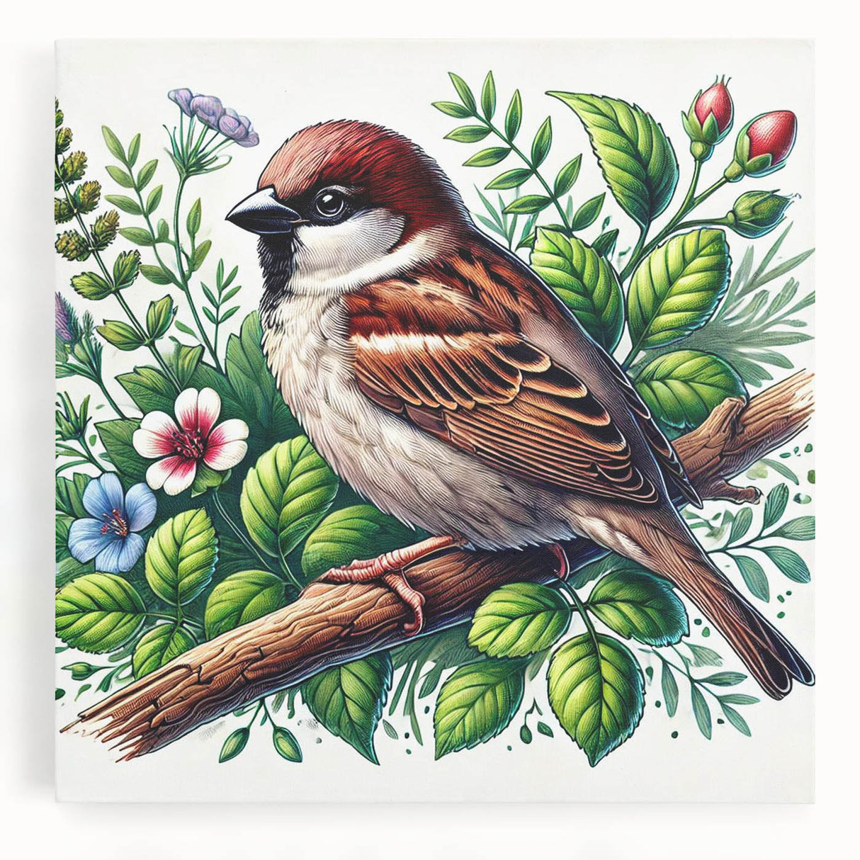 Vibrant wall art featuring an array of colorful garden birds perched on branches, printed on stretched canvas, ideal for nature-themed decor.