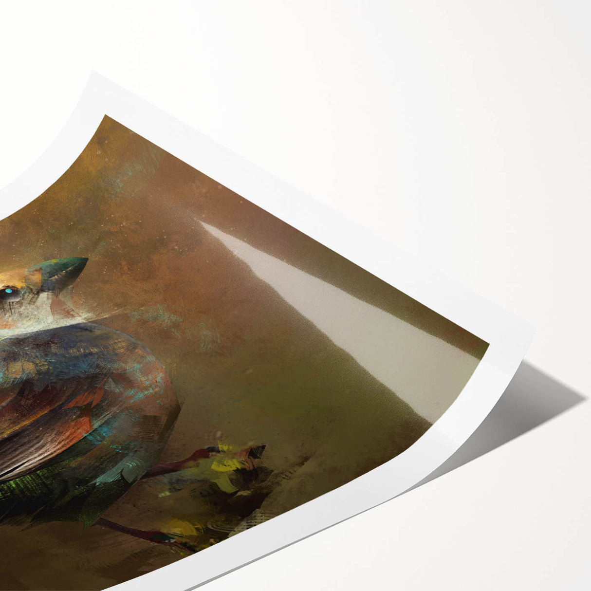 Colorful birds in a garden setting depicted in a rolled art print design, showcasing vibrant hues and intricate details, ideal for home decor enthusiasts.