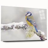 Acrylic glass wall art showcasing a vibrant garden bird design, side view highlighting the sleek edges and clarity, perfect for enhancing home decor.