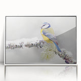 Framed acrylic wall art showcasing a vibrant garden scene filled with various colorful birds perched among lush greenery, ideal for enhancing home decor.