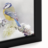 Close-up of a framed canvas wall art piece showcasing vibrant garden birds, featuring rich colors and detailed textures, perfect for enhancing home decor.