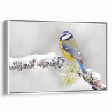 Framed canvas wall art showcasing a vibrant design of colorful garden birds against a white background, ideal for home decor. Perfect for nature lovers.