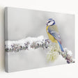 Stretched canvas wall art depicting colorful garden birds in a vibrant natural setting, showcasing detailed illustrations and a sleek side view design.