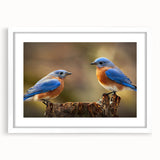 Framed wall art featuring a vibrant garden birds design, elegantly matted in white, perfect for enhancing home decor and adding a touch of nature.