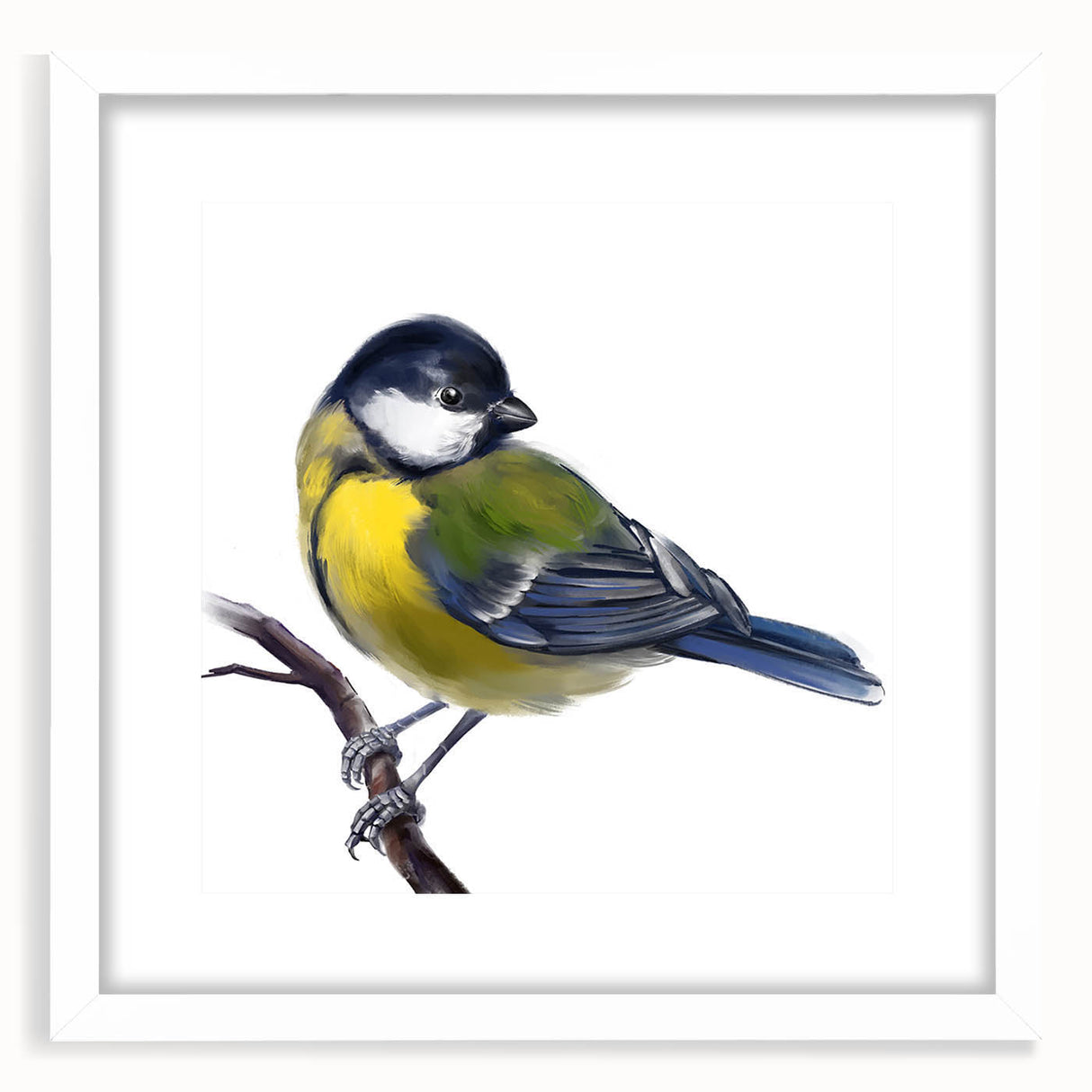 Framed wall art featuring a vibrant design of various garden birds, set against a white mat, perfect for adding a touch of nature to home decor.