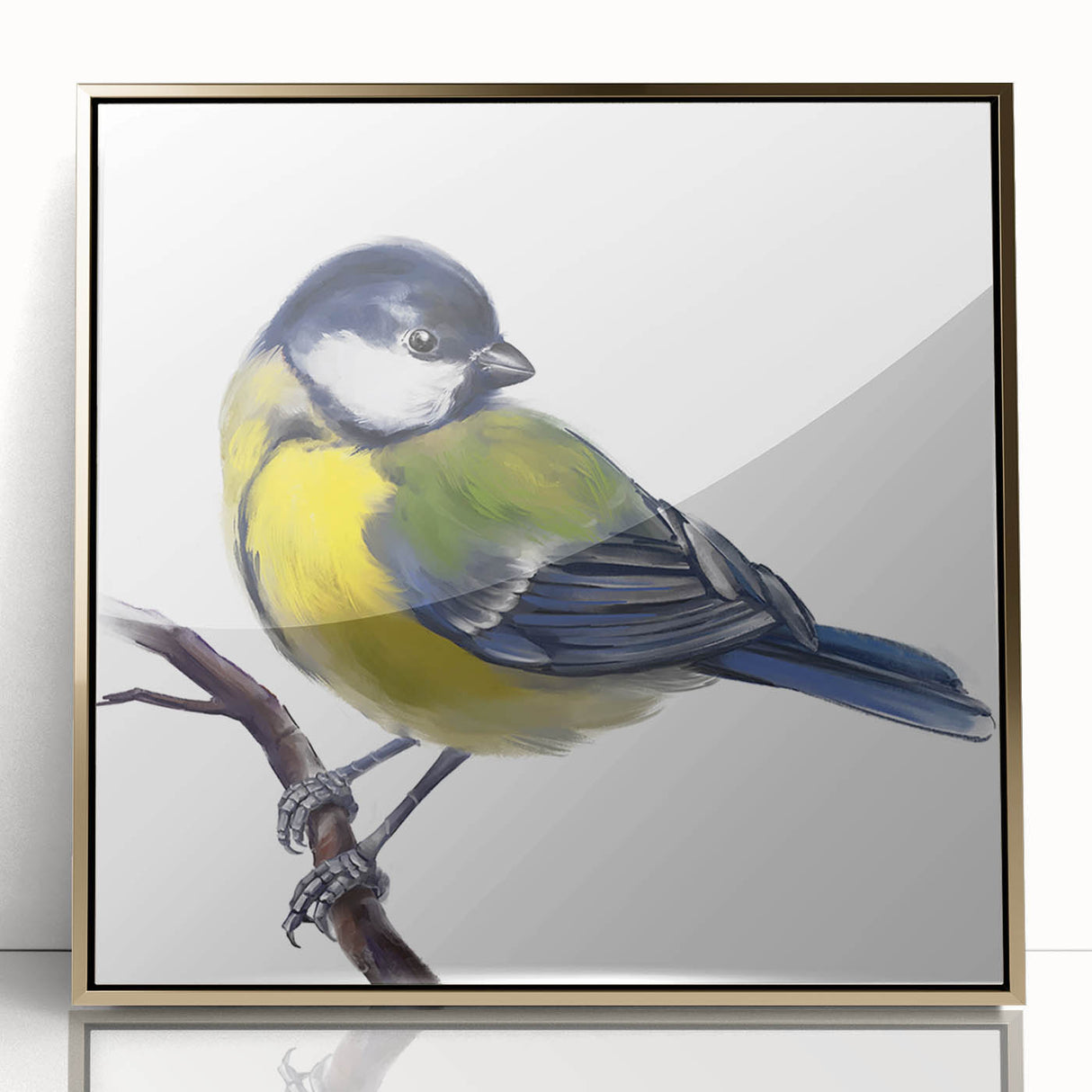 Framed wall art featuring a vibrant garden birds design in acrylic with a gold frame, showcasing colorful birds perched among lush greenery, perfect for home decor.