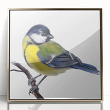 Framed wall art featuring a vibrant garden birds design in acrylic with a gold frame, showcasing colorful birds perched among lush greenery, perfect for home decor.