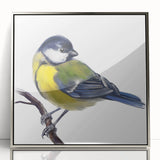 Framed wall art collection showcasing a vibrant design of garden birds, featuring intricate details and silver acrylic framing, perfect for enhancing home decor.