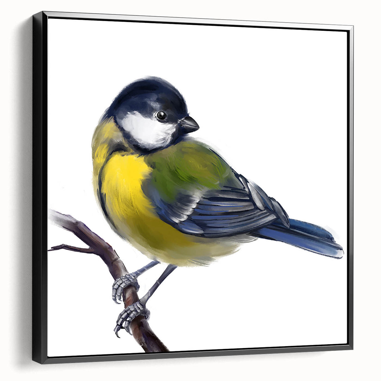 Framed wall art collection showcasing a vibrant design of garden birds on a black background, emphasizing color and detail, perfect for nature-inspired decor.