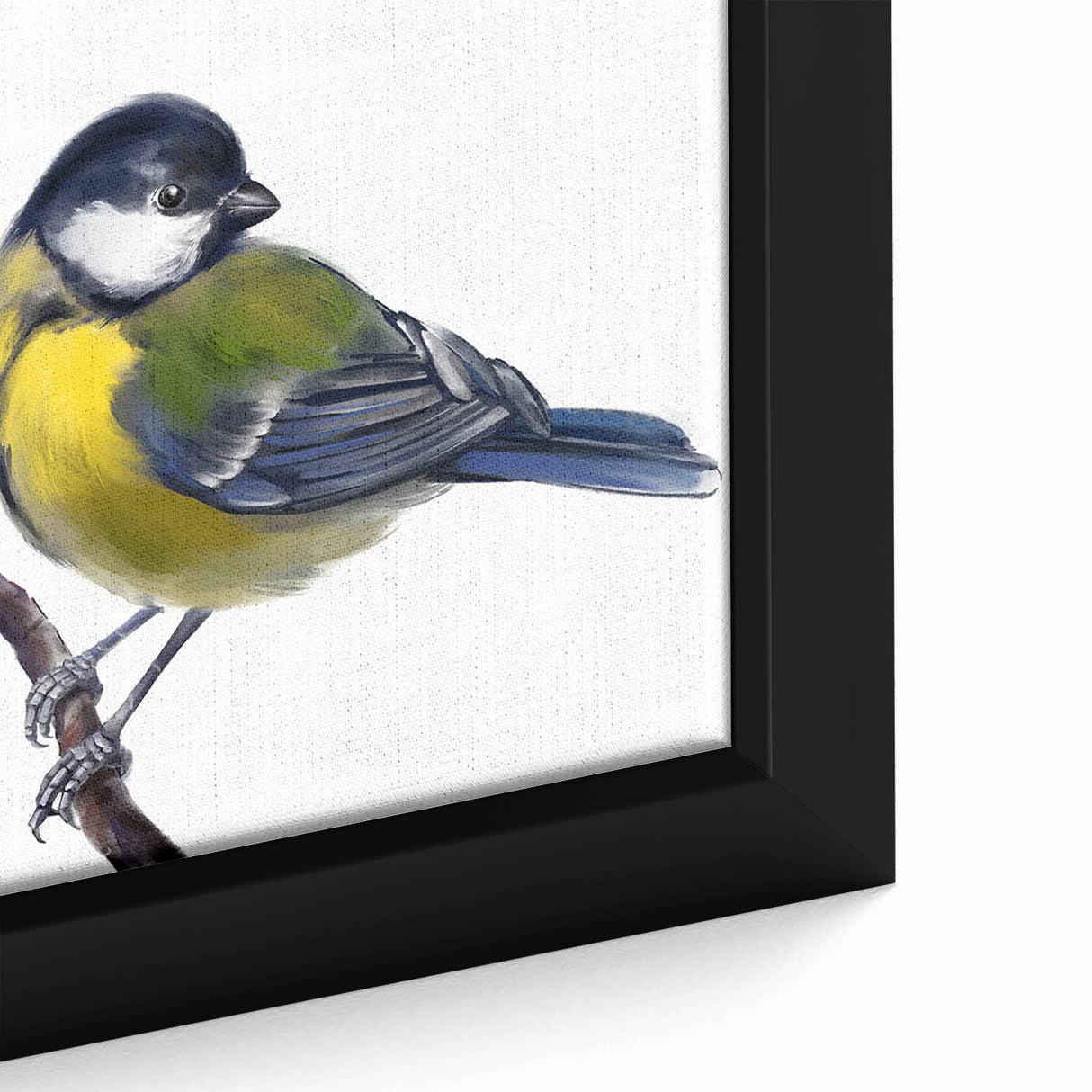 Close-up of a beautifully framed canvas featuring a vibrant collection of garden birds, showcasing intricate details and bright colors, perfect for home decor.