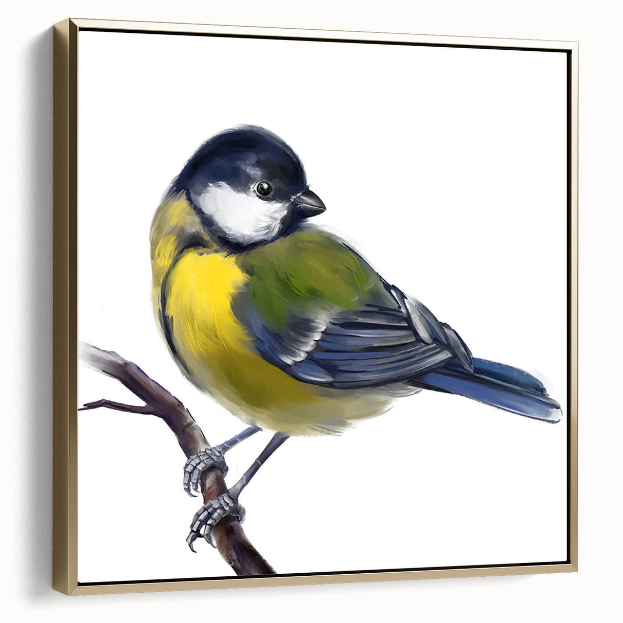 Framed wall art showcasing a vibrant garden birds design with gold accents, ideal for home decor. The canvas adds a touch of nature and elegance to interiors.