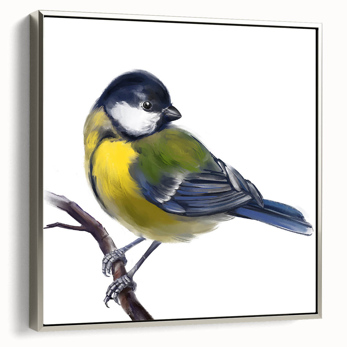 Framed wall art collection showcasing a vibrant design of garden birds on a silver background, ideal for home decor to enhance nature-themed interiors.