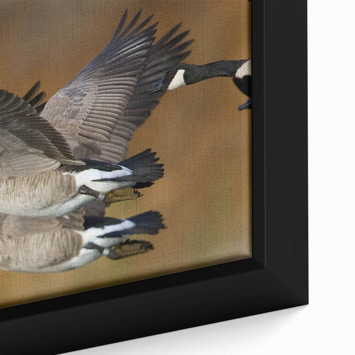 Close-up of a framed canvas wall art featuring a detailed design of geese in flight, showcasing vibrant colors and intricate patterns, ideal for nature lovers and home decor enthusiasts.