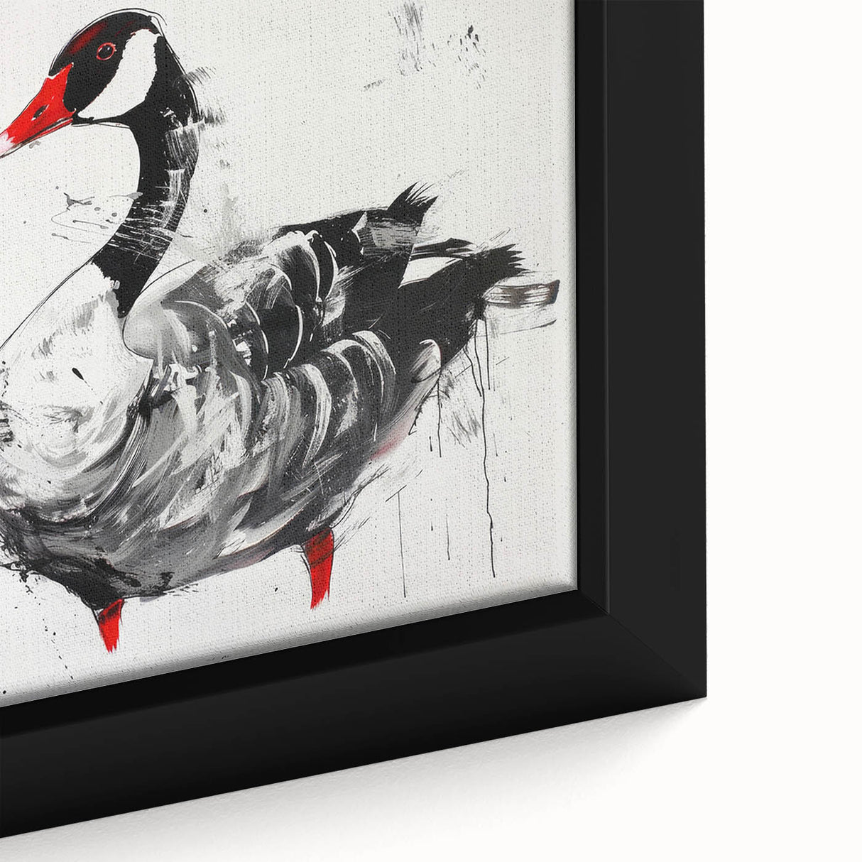 Close-up of a framed canvas wall art featuring a beautifully detailed design of geese in flight, showcasing vibrant colors and intricate textures, perfect for home decor.