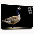 Acrylic glass wall art featuring a contemporary goose design in vibrant colors, displayed from the side with stylish pins, perfect for modern home decor.