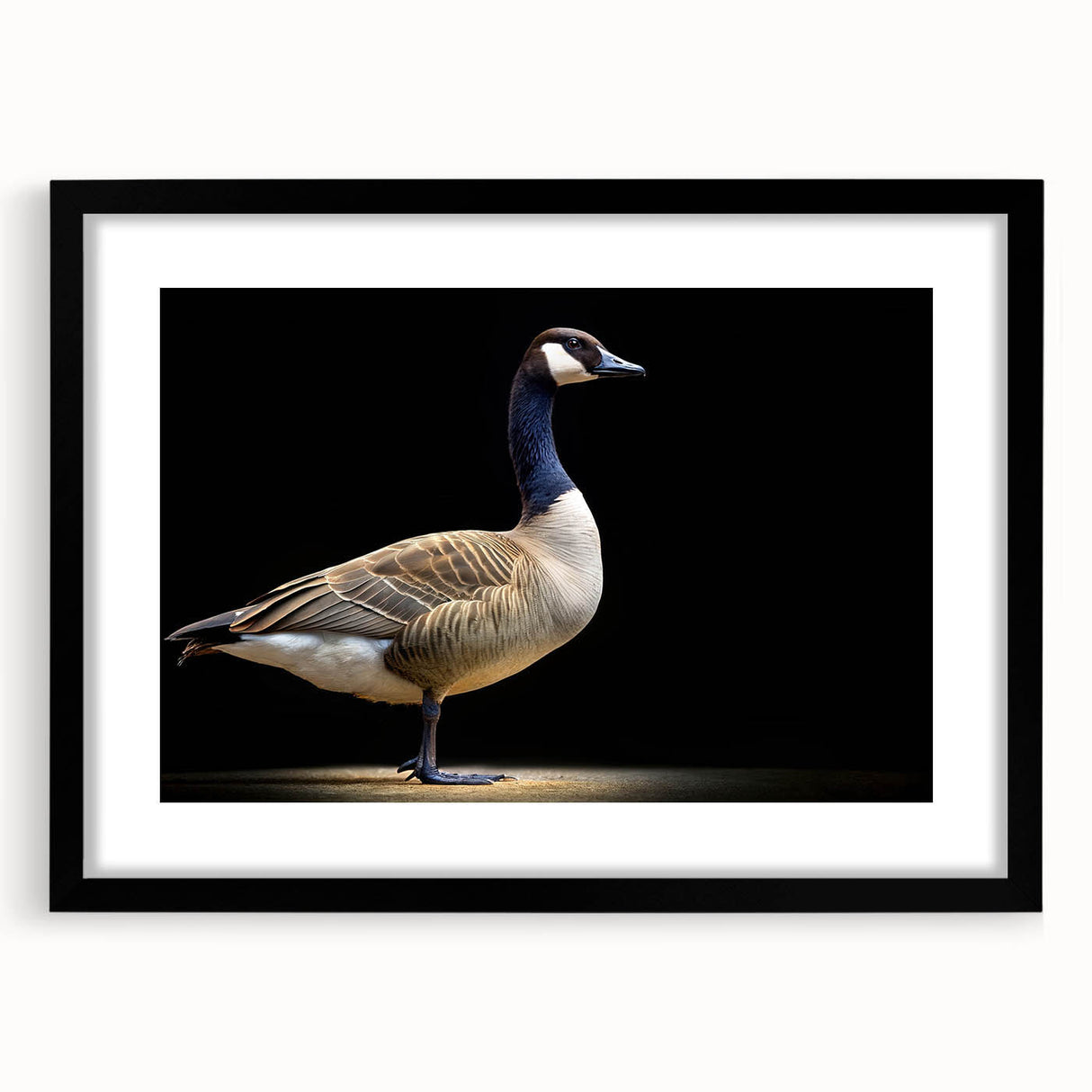 Black-framed wall art featuring a stylish goose design, showcased in a modern mat, perfect for enhancing home decor with a touch of nature-inspired elegance.