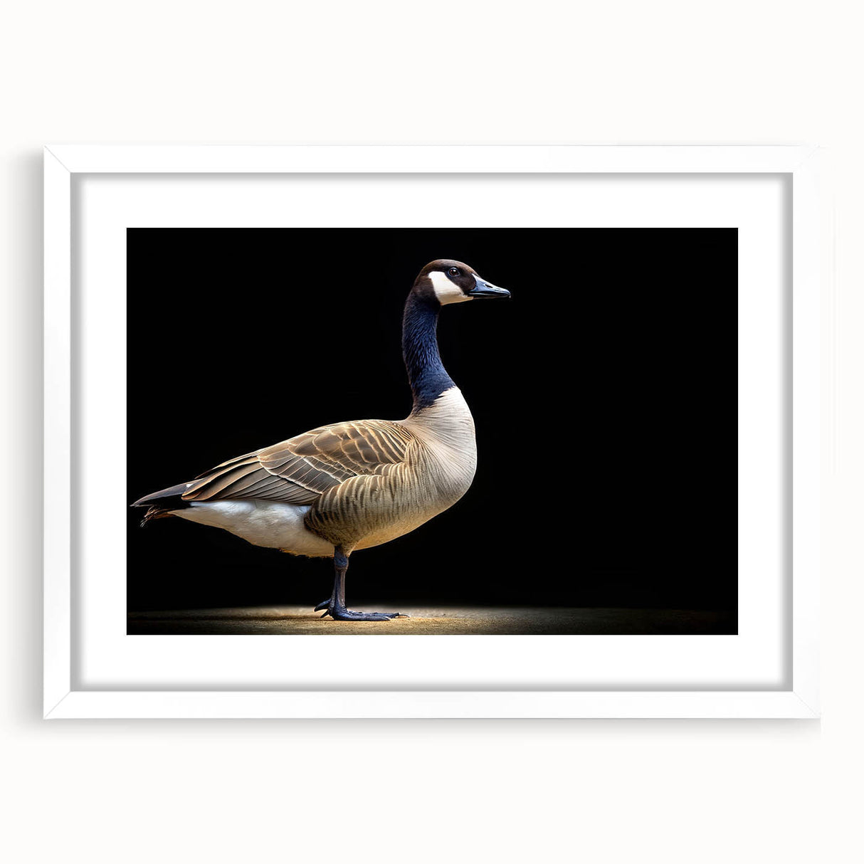 Framed wall art featuring a minimalist goose design in a white mat, showcasing elegant lines and soft colors, perfect for modern home decor.