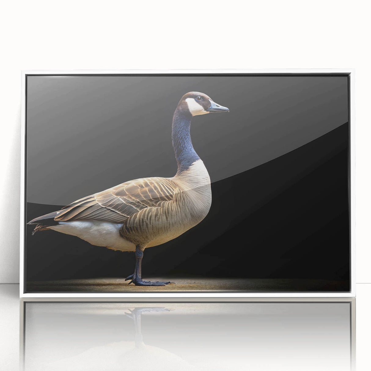 Framed acrylic wall art featuring a graceful goose design in a minimalist style, set against a sleek white background, perfect for modern decor.
