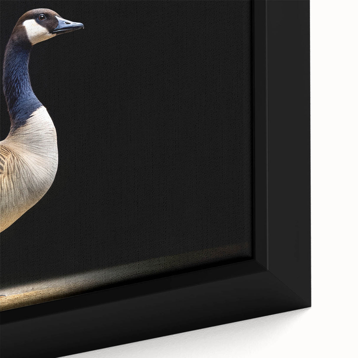 Close-up of a framed canvas wall art featuring a serene goose design, showcasing vibrant colors and intricate details, perfect for enhancing home decor.