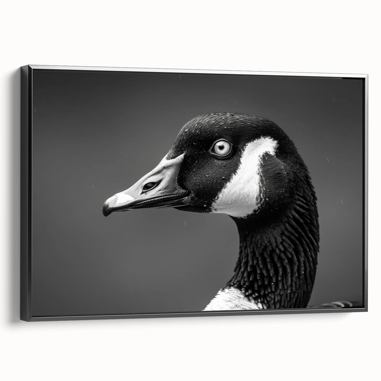 Framed canvas wall art featuring a stylish goose design in a modern black frame, showcasing vibrant colors and intricate details, perfect for home decor.