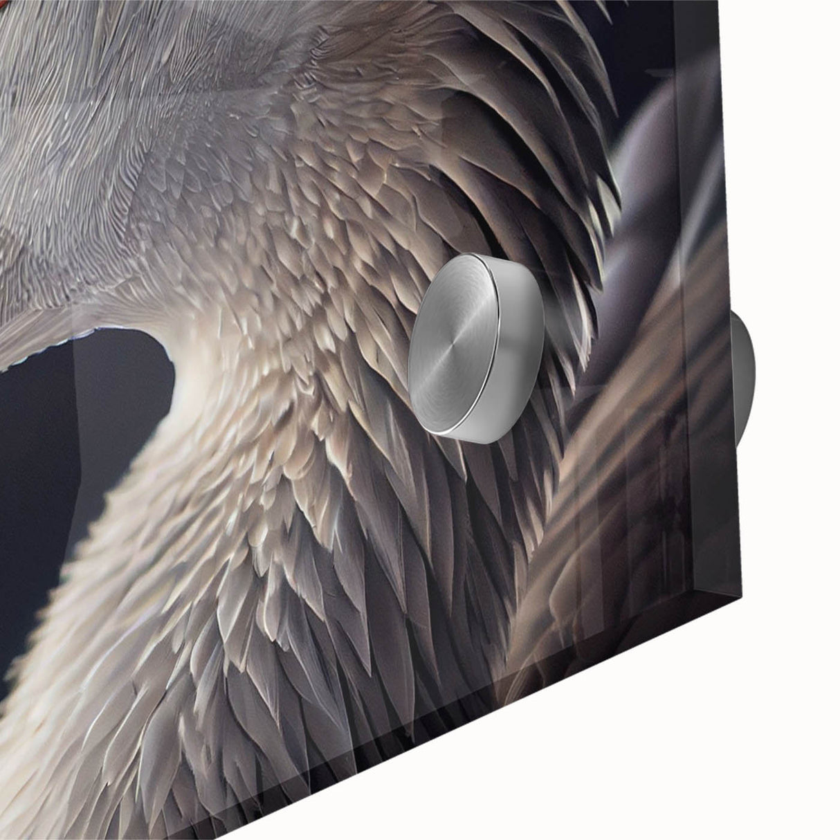Close-up of a vibrant acrylic glass wall art piece showcasing a detailed goose design, featuring bold colors and intricate patterns, perfect for modern decor.