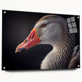 Acrylic glass wall art featuring a serene goose design, displayed from a side view with decorative pins, perfect for enhancing modern home decor aesthetics.