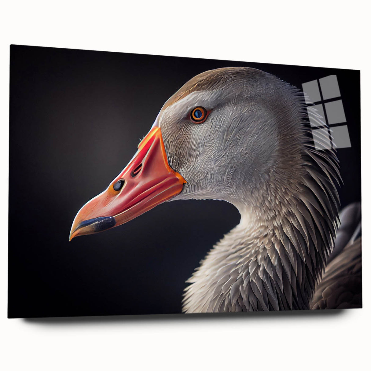 Acrylic glass wall art collection featuring a stylish goose design, displayed from the side to highlight its sleek finish and modern aesthetic, perfect for home decor.