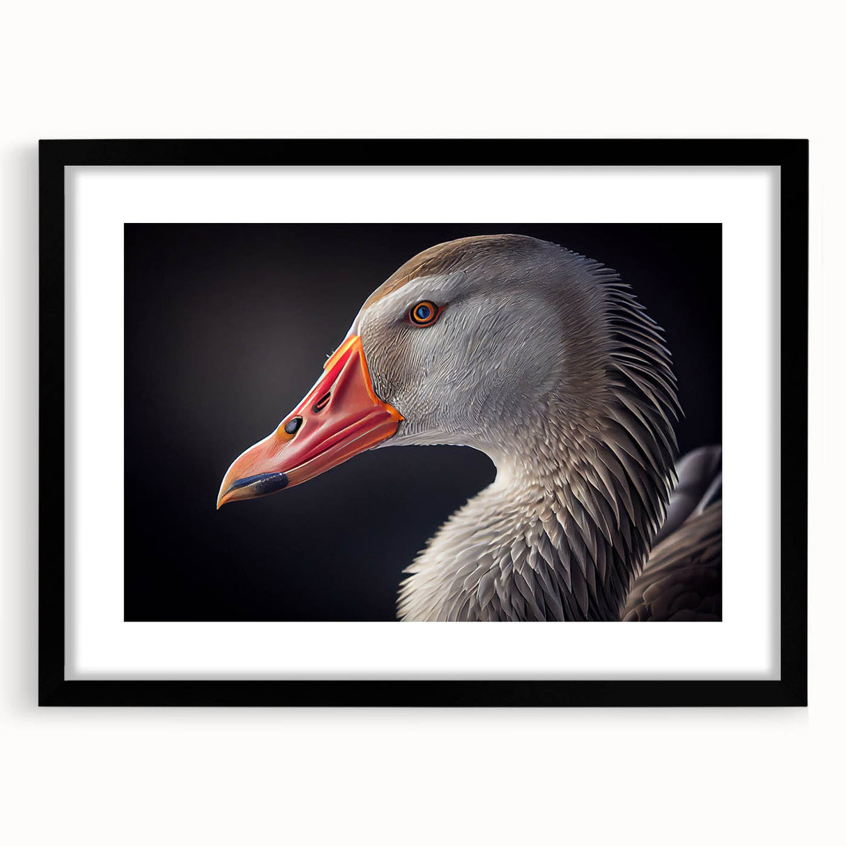 Framed wall art collection showcasing a detailed goose design with a black mat, ideal for home decor, emphasizing modern aesthetics and wildlife themes.