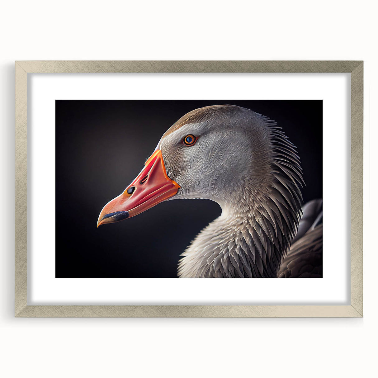 Framed wall art featuring a modern goose design in silver, elegantly matted, showcasing intricate details and textures, ideal for home or office decor.