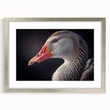 Framed wall art featuring a modern goose design in silver, elegantly matted, showcasing intricate details and textures, ideal for home or office decor.