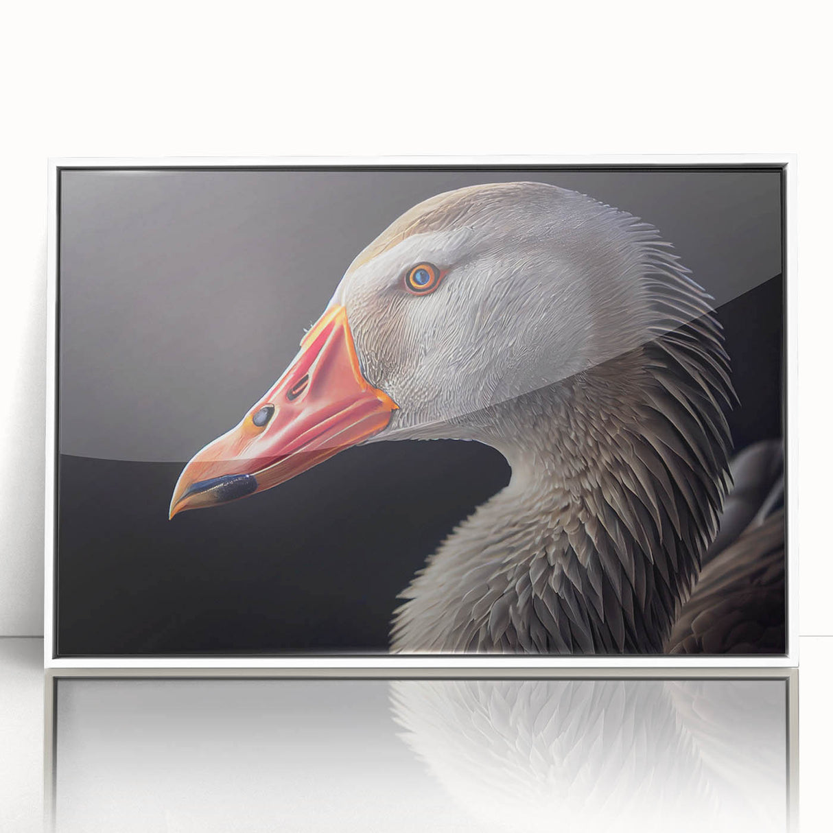 Framed wall art featuring a contemporary goose design on a white background, showcasing elegant lines and vibrant colors, perfect for modern home decor.